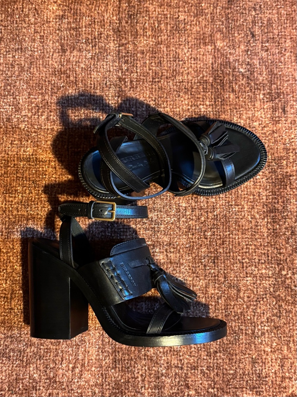 Burberry Black Leather Tassel Block Heel Sandals
